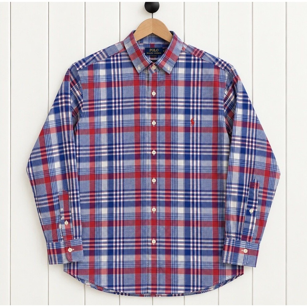 Polo Ralph Lauren Mens L Madras Plaid Shirt Red White Blue Cotton Stretch Pony
